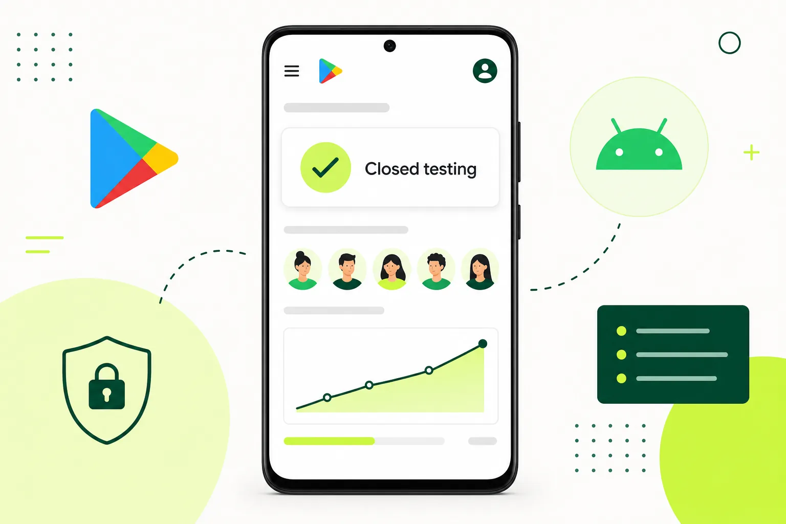 Illustration of an Android phone showing a Google Play closed testing dashboard with tester avatars and a progress chart