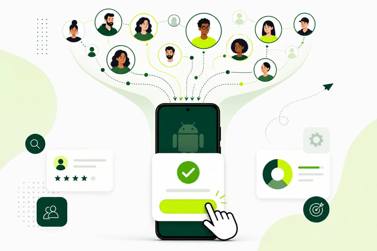 Illustration of tester avatars funneling into an Android app through an opt-in flow