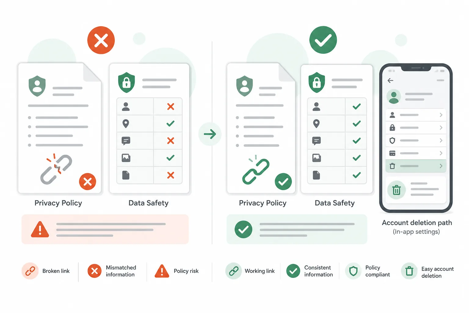Illustration comparing broken privacy and Data safety declarations with corrected checkmarks and account deletion