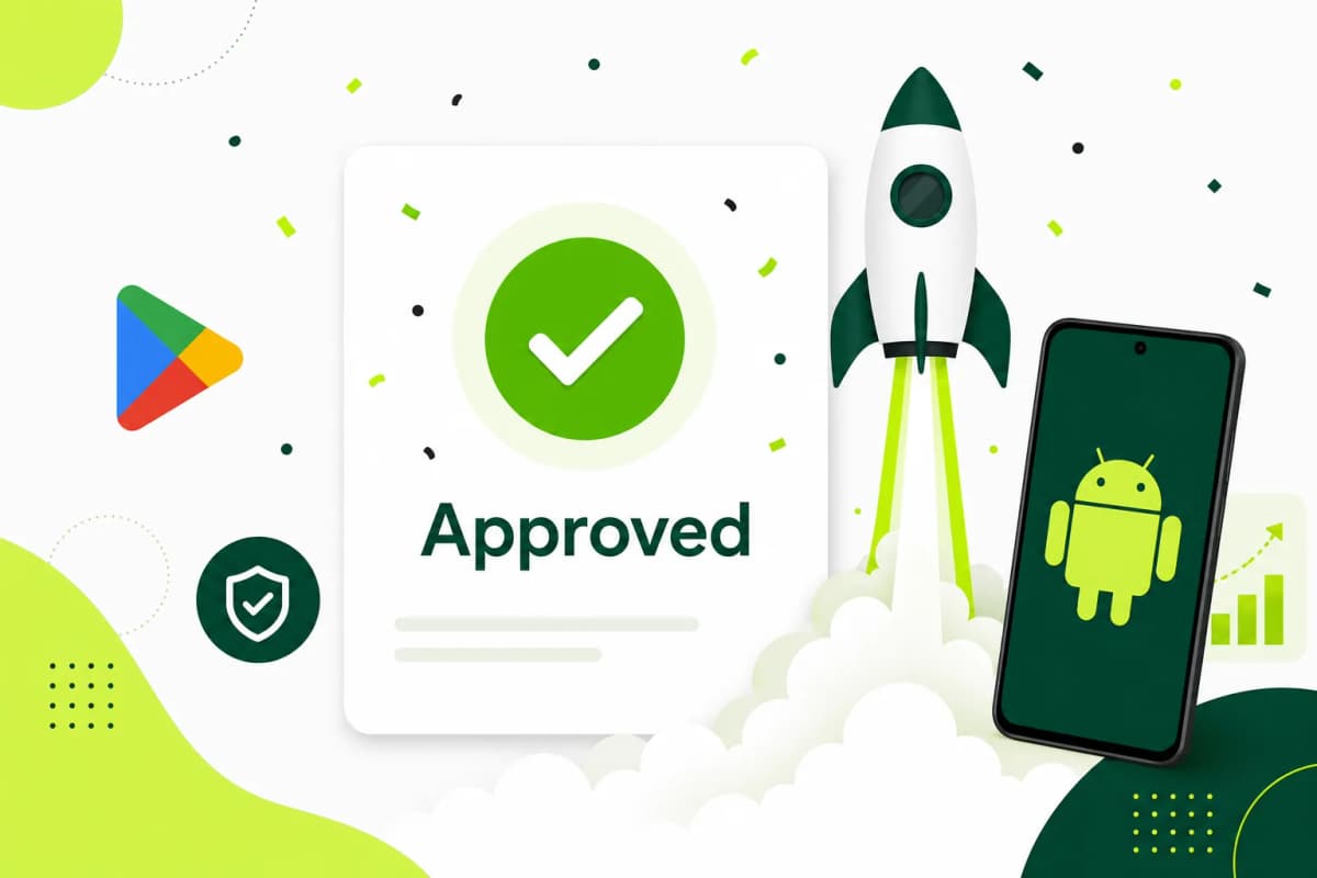 Illustration of a Google Play production access approval card with a rocket launching next to an Android phone