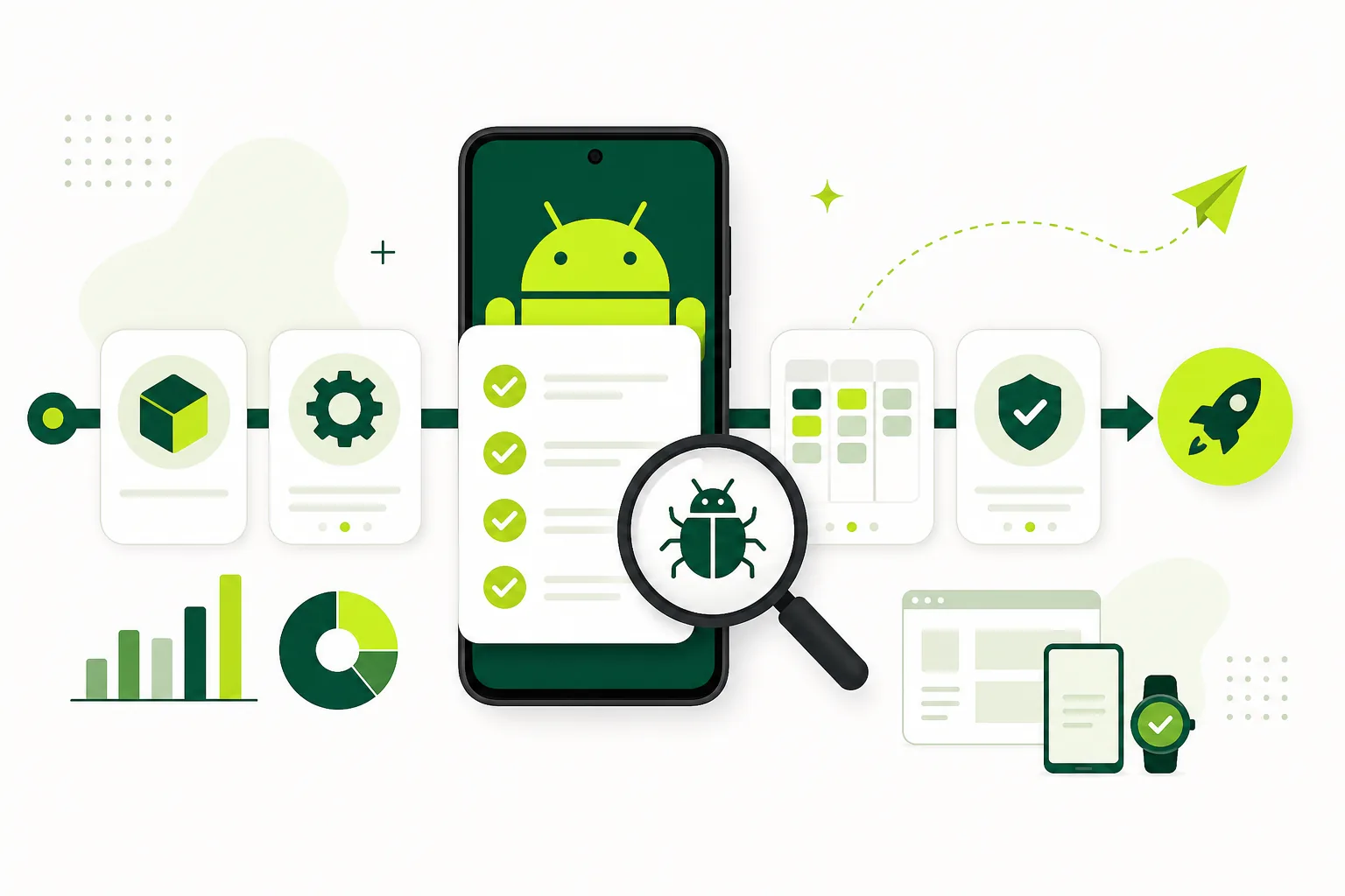Illustration of an Android QA workflow with a checklist, a bug under a magnifying glass, and launch steps