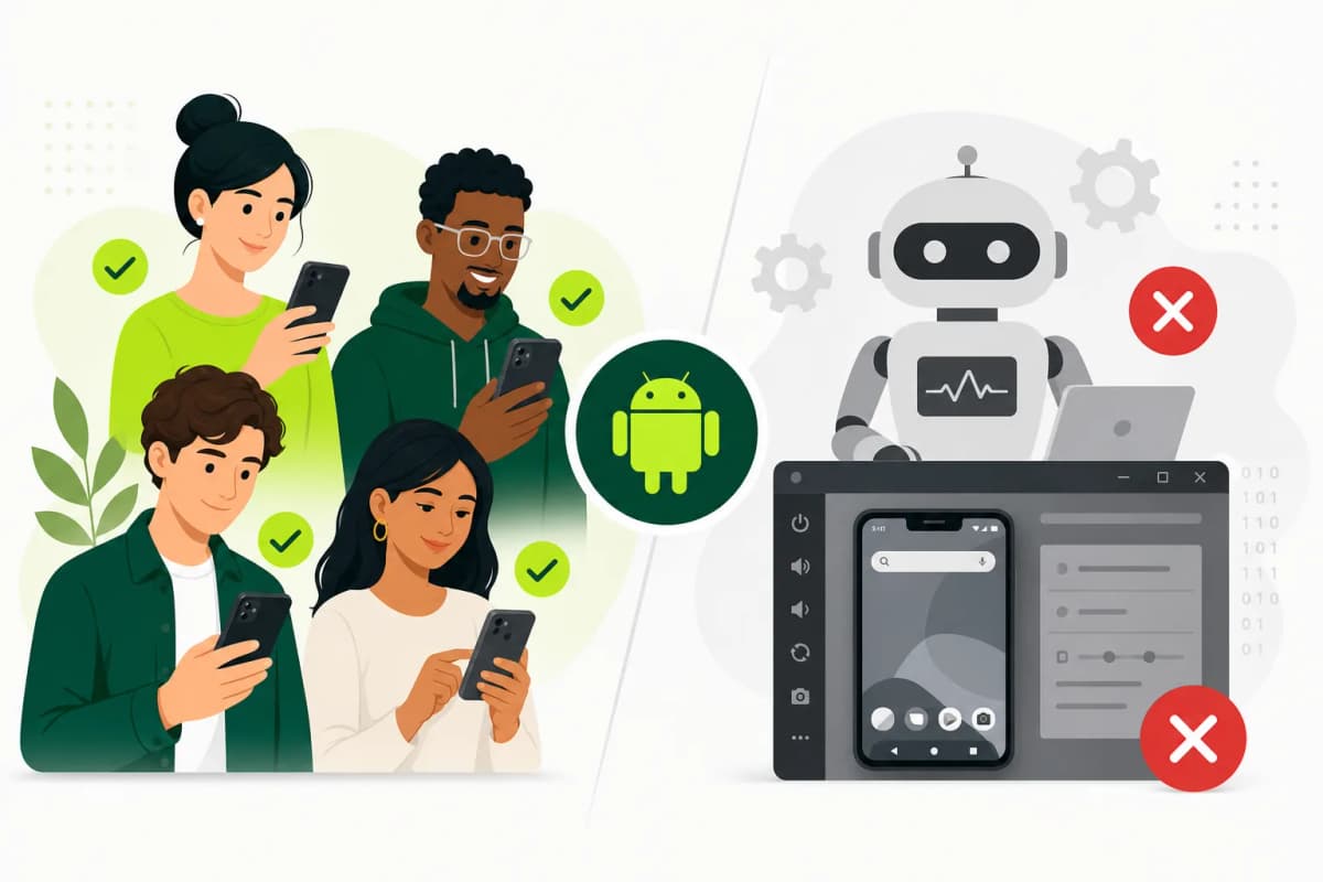 Illustration of real Android testers completing a 14-day test instead of automated device testing