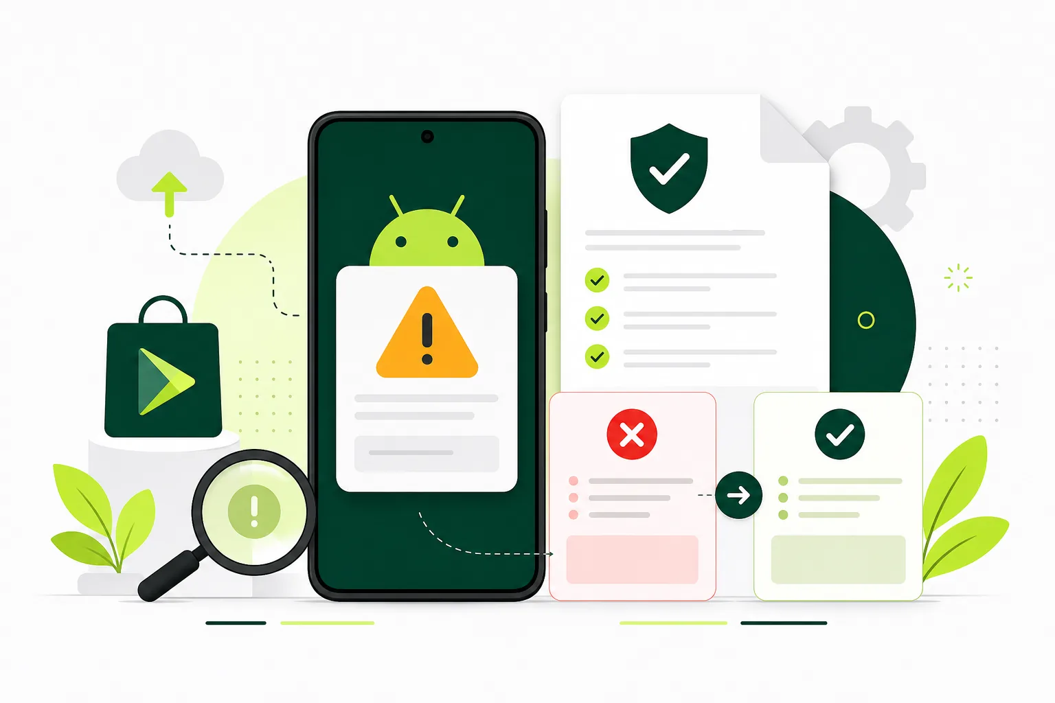Illustration of an app review warning card with policy checks showing a fix-and-resubmit flow