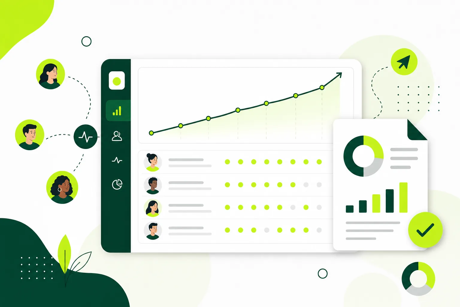 Illustration of a tester activity dashboard with a rising engagement chart and daily activity dots