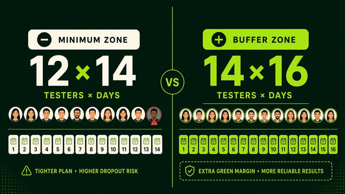 Comparison of Google minimum 12 by 14 versus 12Tester14Days buffer 14 by 16