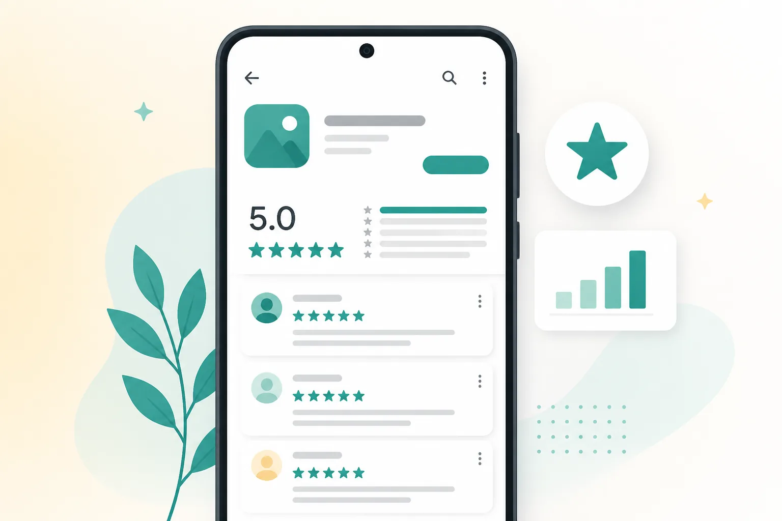Illustration of Play Store style reviews and star ratings for a live Android listing