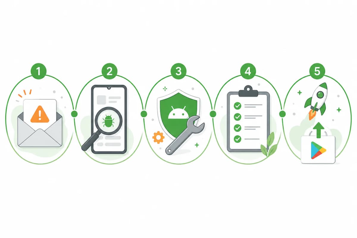 Illustration of a five-step Google Play policy fix workflow from warning through repair to resubmit