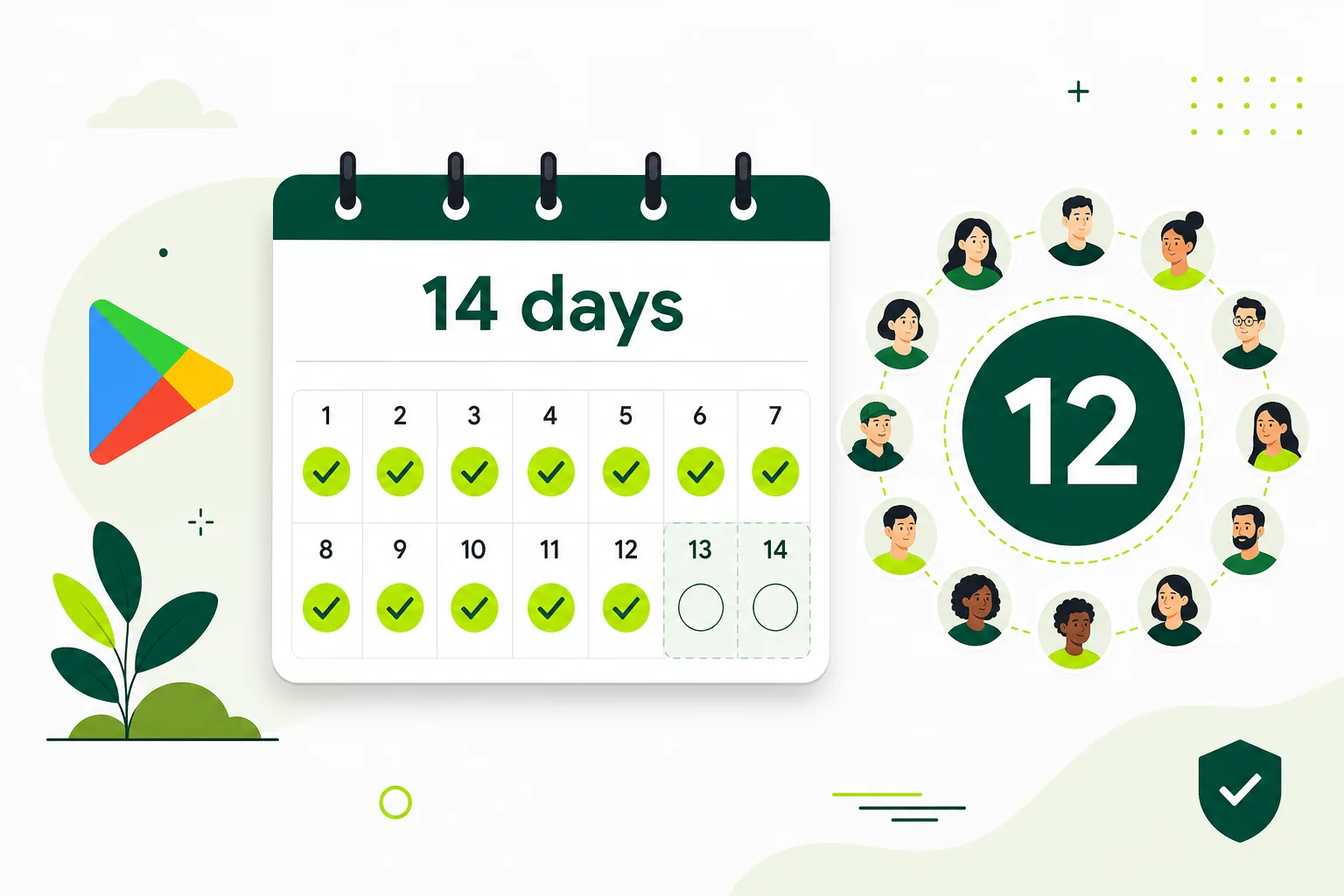 Illustration of a 14-day calendar with green checkmarks next to a circle of 12 tester avatars for Google Play closed testing