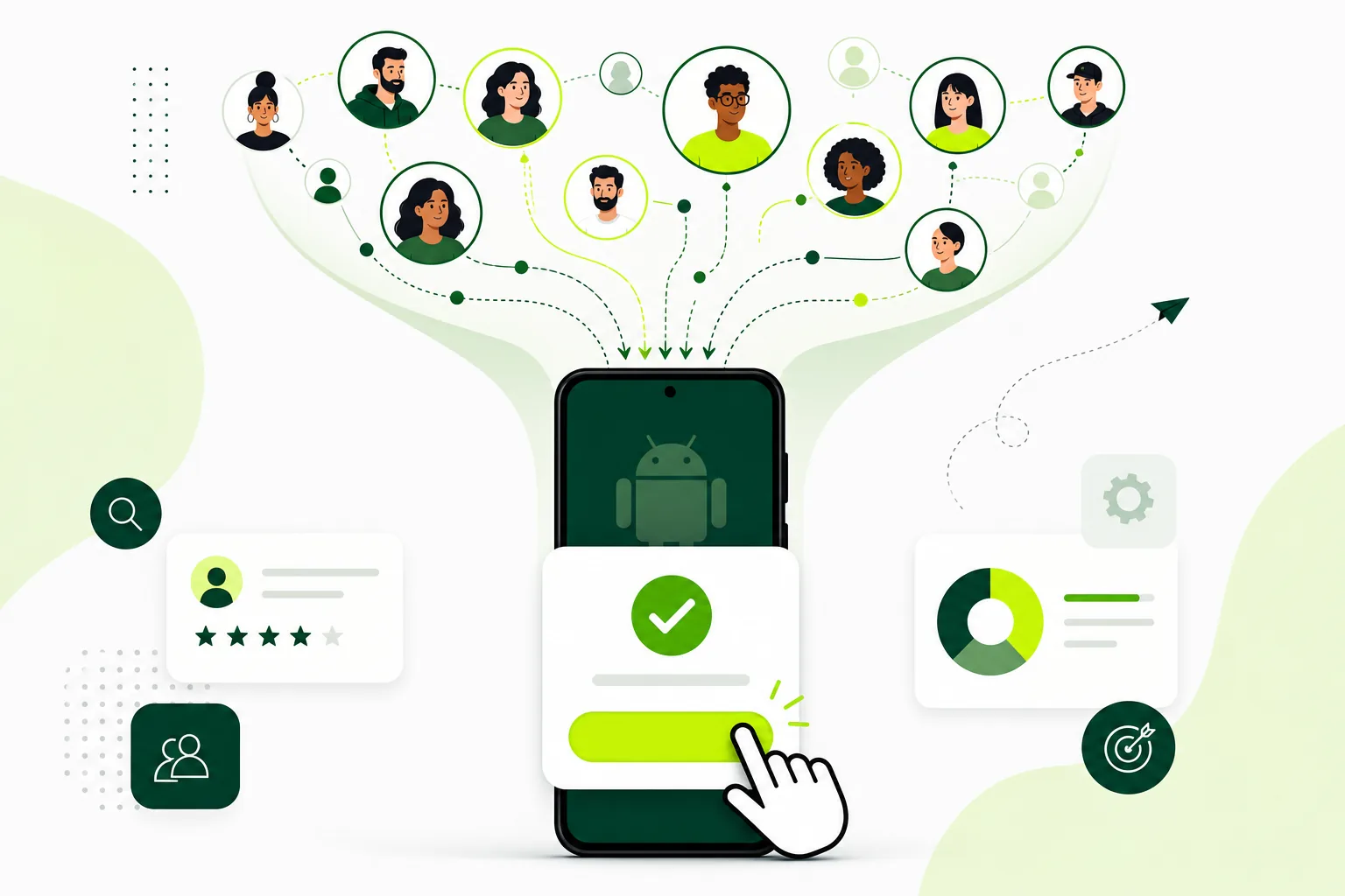 Illustration of tester avatars funneling into an Android app through an opt-in flow