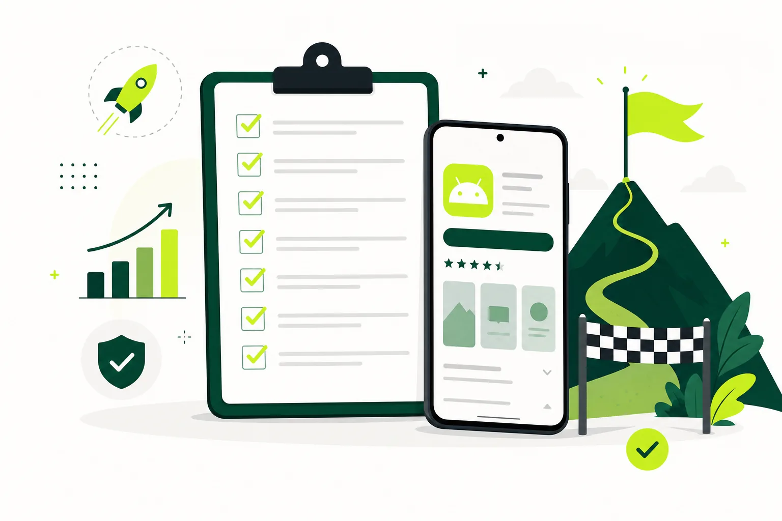 Illustration of a completed app launch checklist next to an Android phone and a finish-line flag