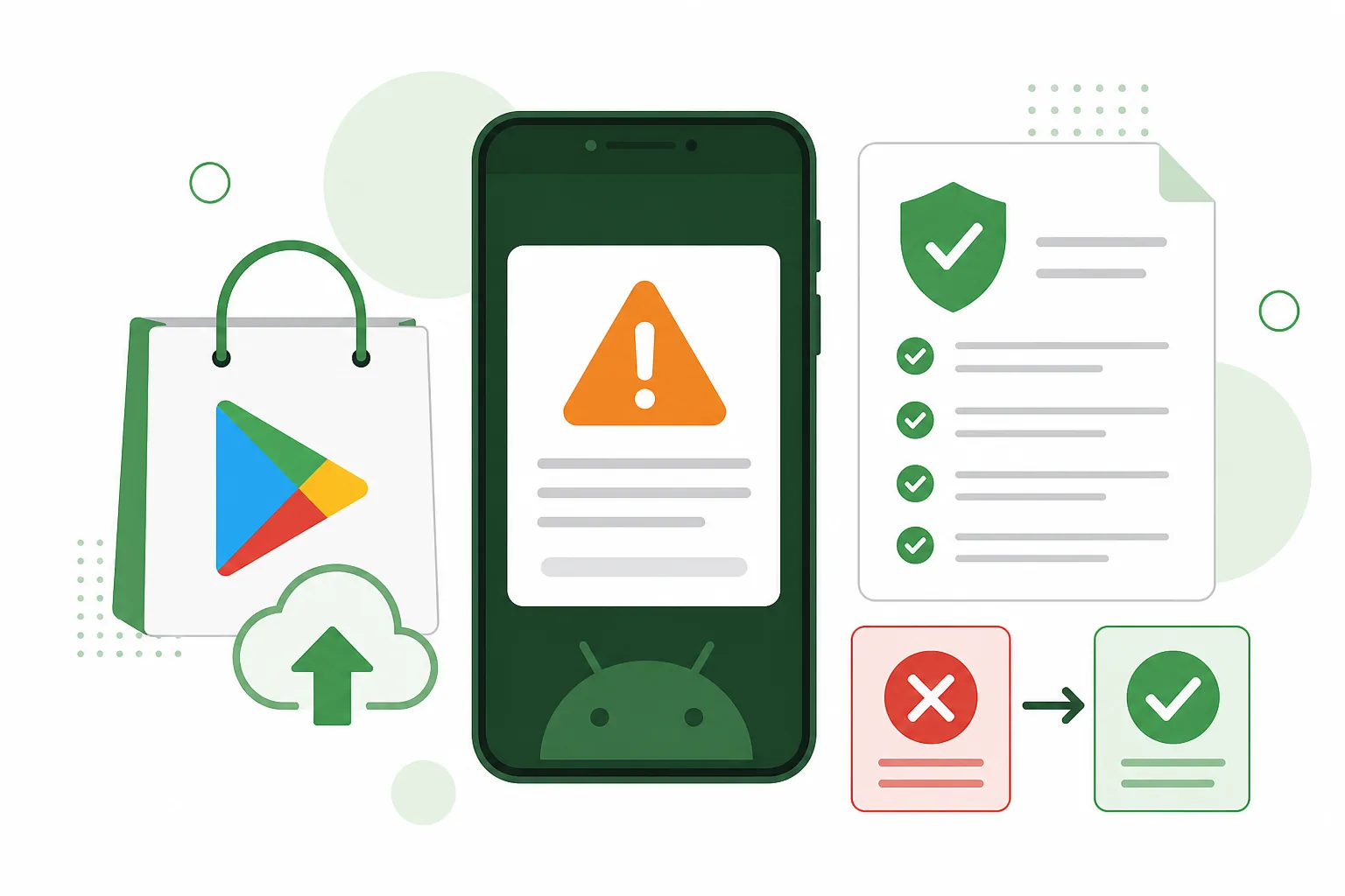 Illustration of a Google Play policy warning on a phone next to a compliance checklist and a rejected-to-resolved flow