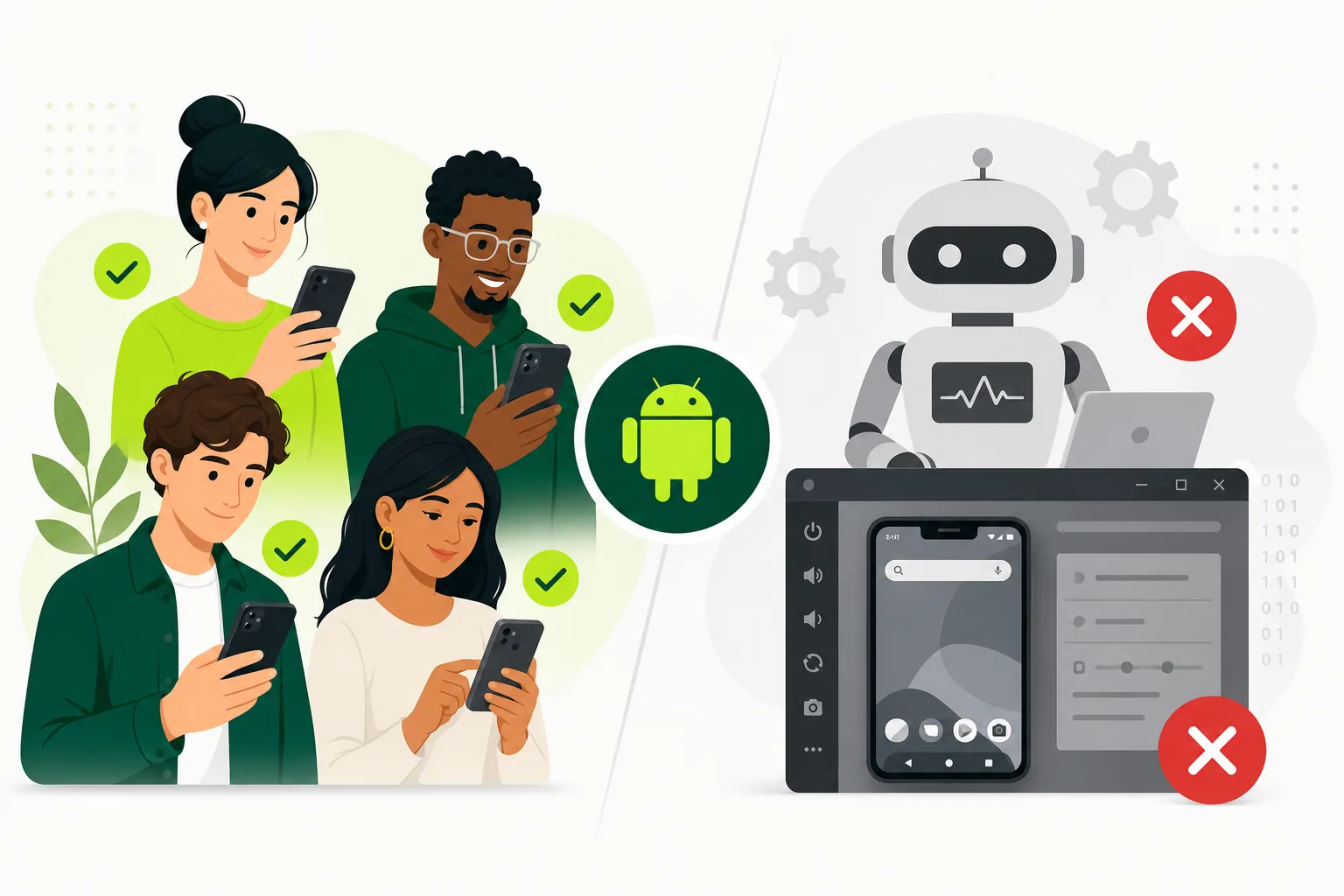 Illustration comparing real Android testers on physical devices with bots and emulator-only testing